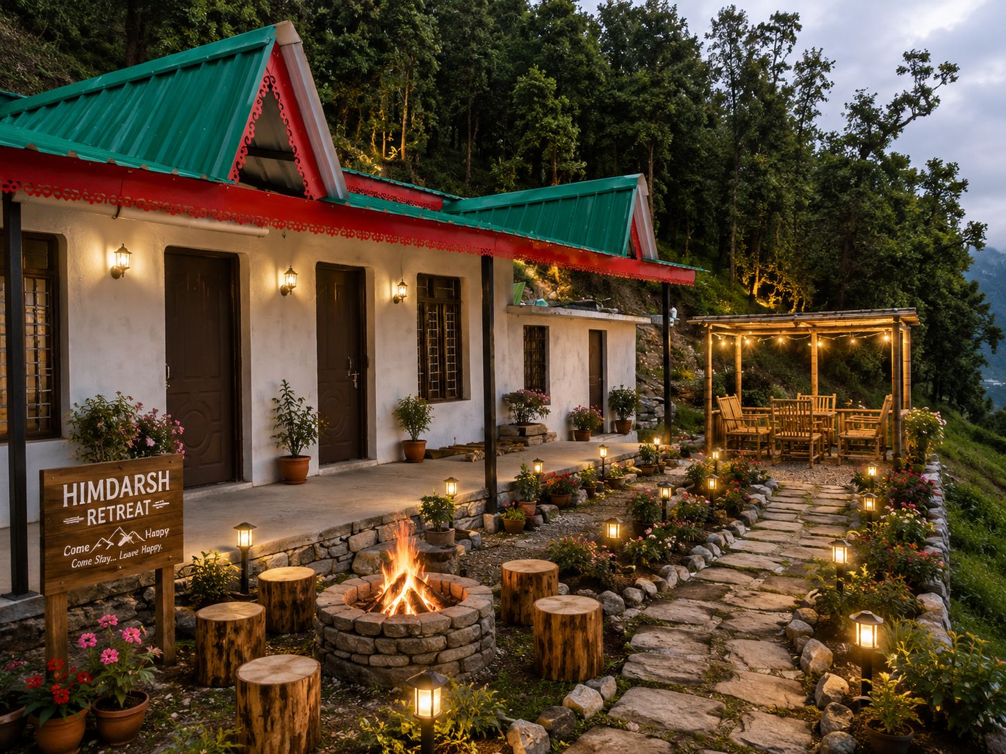 Liti360 Himdarsh Retreat with bonfire and fairy-lit gazebo at dusk